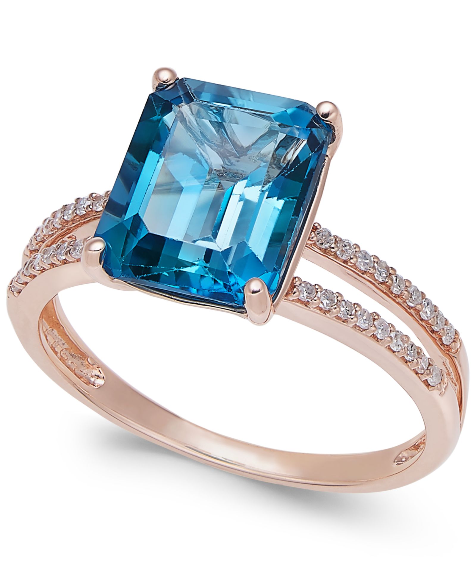 London Blue Topaz (4 ct. t.w.) and Diamond (1/10 ct. t.w.) Split Shank Ring in 14k Gold