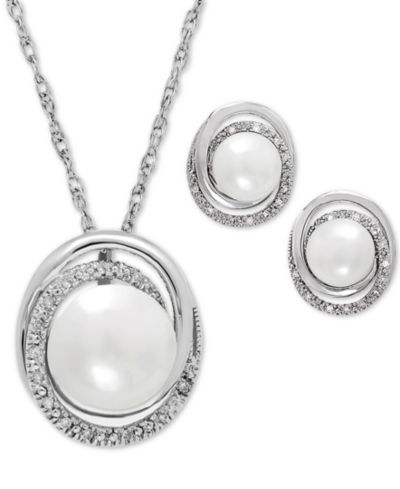 Cultured Freshwater Pearl (7 & 8mm) and Diamond Accent Pendant Necklace and Earrings Set in Sterling Silver