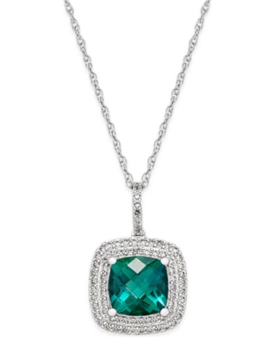 Подвесное ожерелье с выращенным изумрудом (1-1/2 ct. t.w.) и белым сапфиром (1/3 ct. t.w.) в серебряной оправе