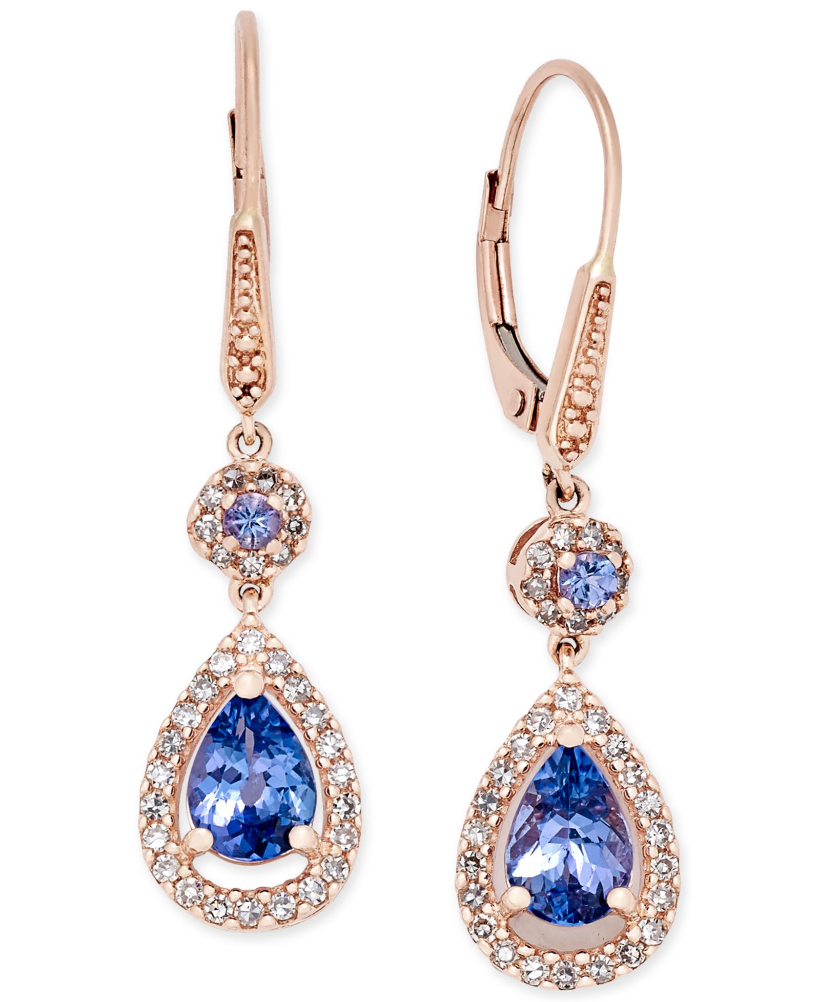 Серьги-подвески с Tanzanite (1-5/8 ct. t.w.) и Diamond (1/3 ct. t.w.) Halo в 14k Rose Gold