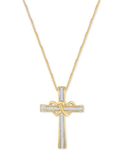 Подвеска Diamond Double Heart Cross из позолоченного стерлингового серебра (1/10 ct. t.w.)