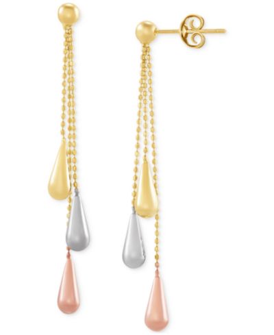 Серьги Italian Gold Tri-Gold Linear Drop, 14k Gold, White Gold and Rose Gold, 2 inch