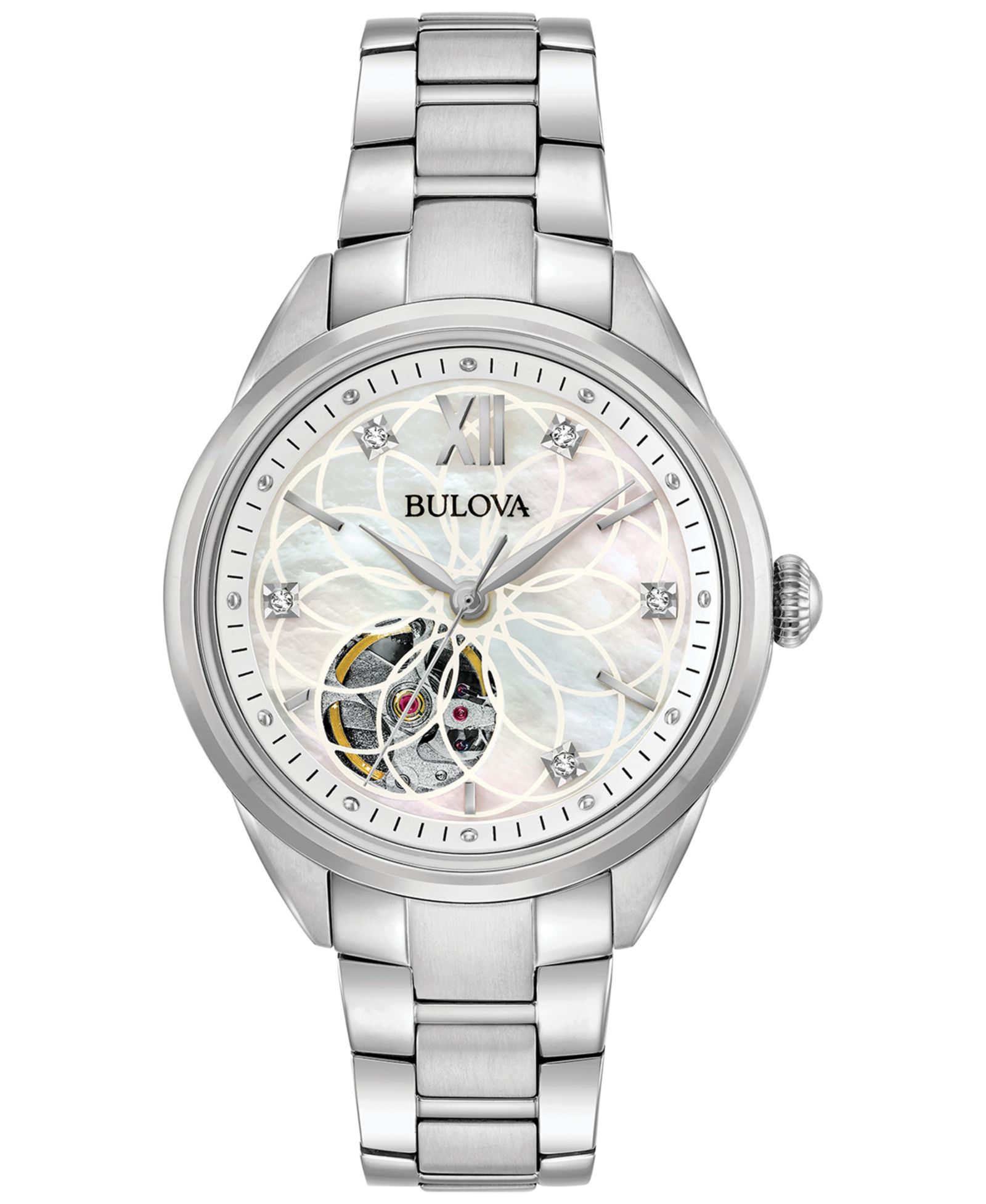 Bulova Women's Automatic Diamond Accent Stainless Steel Bracelet Watch 34mm 96P181