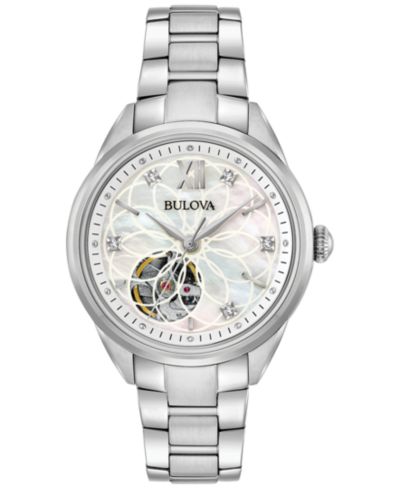 Bulova Women's Automatic Diamond Accent Stainless Steel Bracelet Watch 34mm 96P181