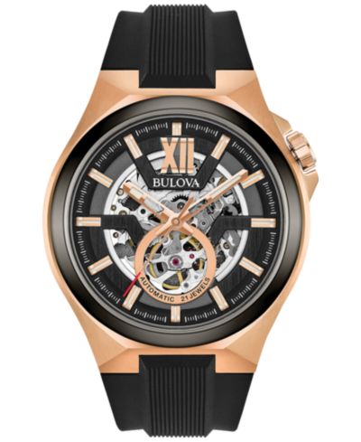 Bulova Мужские автоматические часы с черным силиконовым ремешком, 46mm 98A177