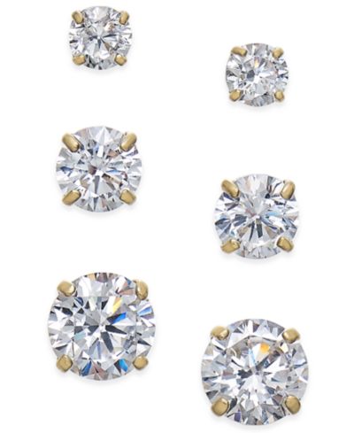 Macy's Серьги-гвоздики Cubic Zirconia 3-Pc. Set 14k Gold или 14k White Gold