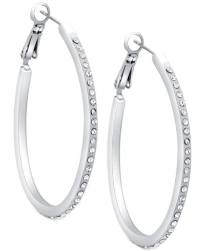 GUESS Silver-Tone Pavé 1 1/4" Oval Hoop Earrings
