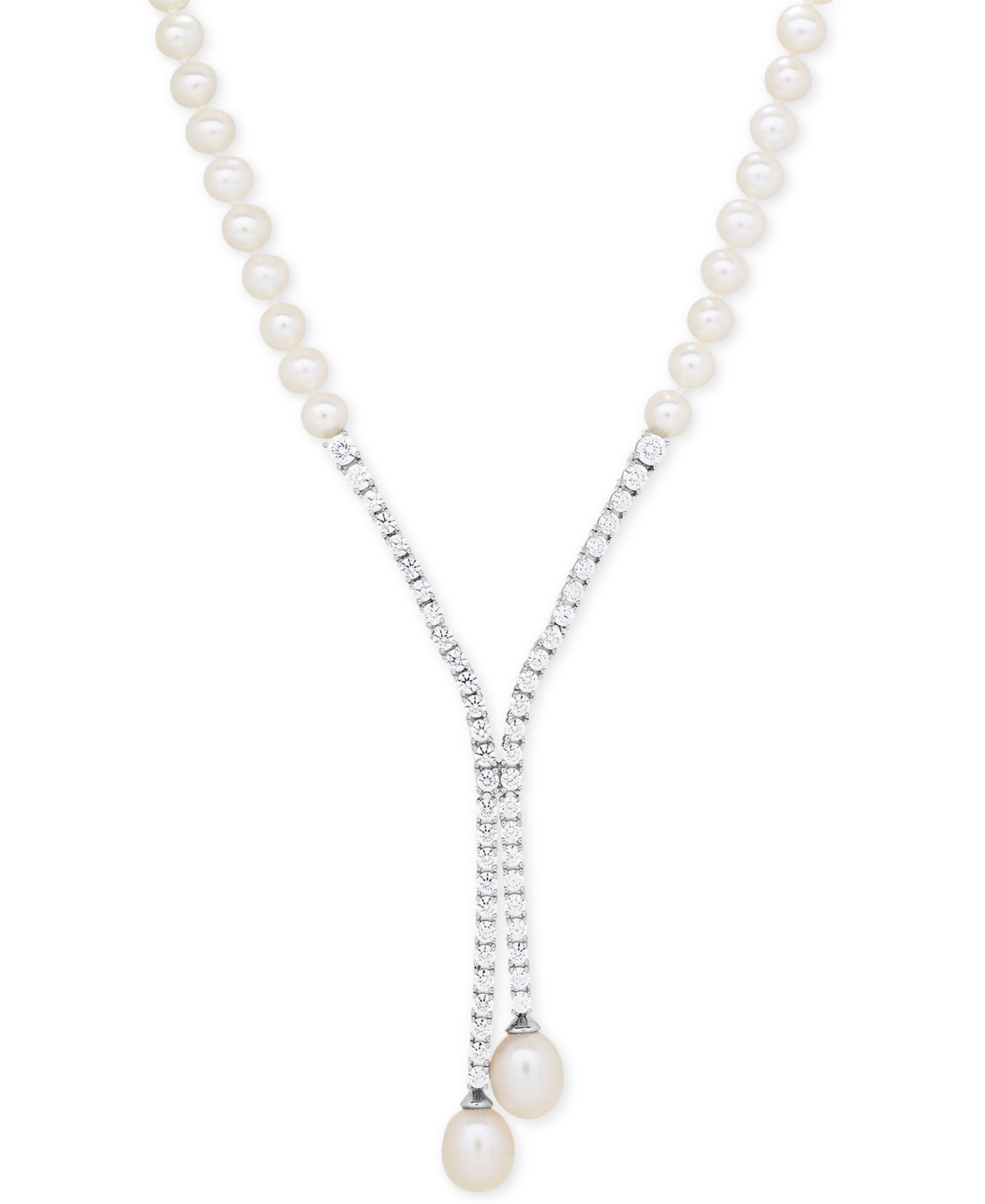 Колье-лариат Arabella с жемчугом Cultured Freshwater Pearl (5mm & 10 x 8mm) и кубическим цирконием из стерлингового серебра