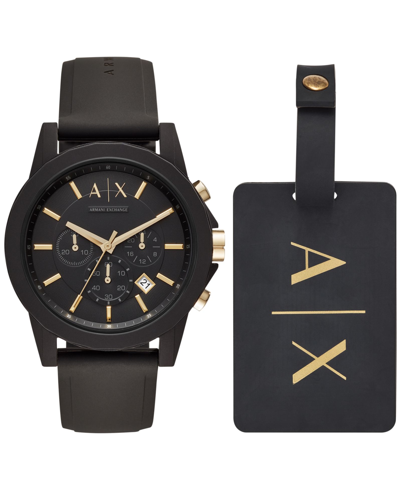 Мужские часы A|X Armani Exchange Chronograph Black Silicone Strap 45mm Подарочный набор
