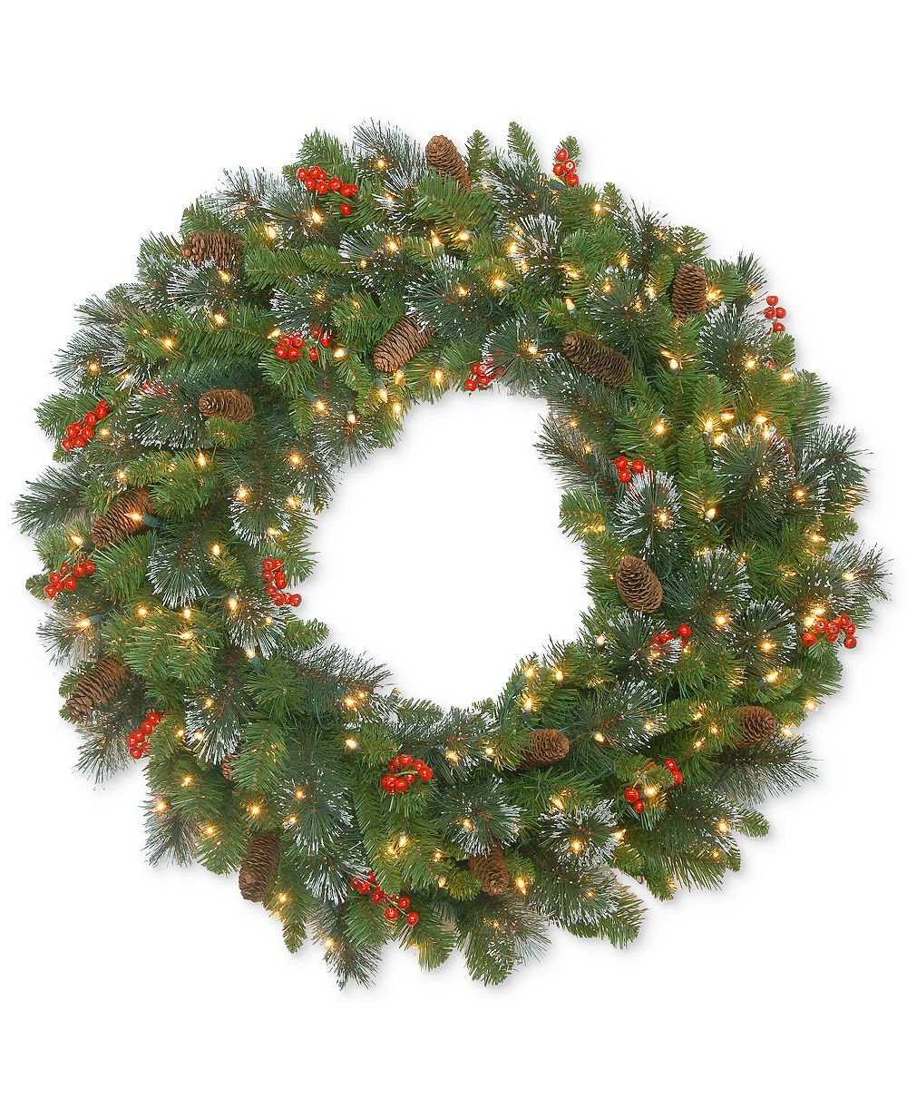 Венок National Tree Company 30" Crestwood Spruce с красными ягодами и LED Lights
