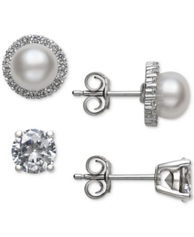 Серьги-гвоздики Belle de Mer Cultured Freshwater Pearl (6mm) & Cubic Zirconia в стерлинговом серебре