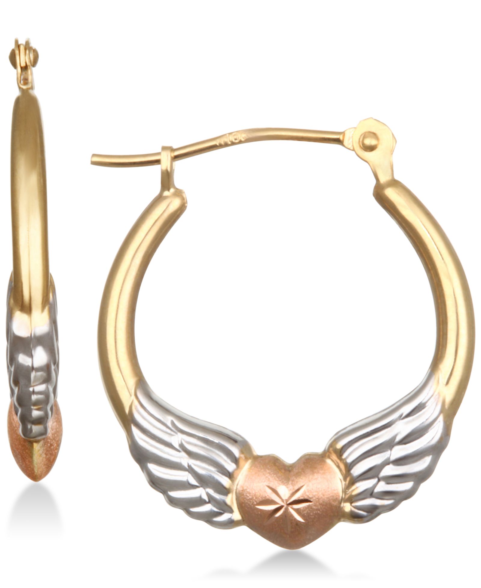 Серьги-кольца Tri-Color Winged Heart из 10k Gold
