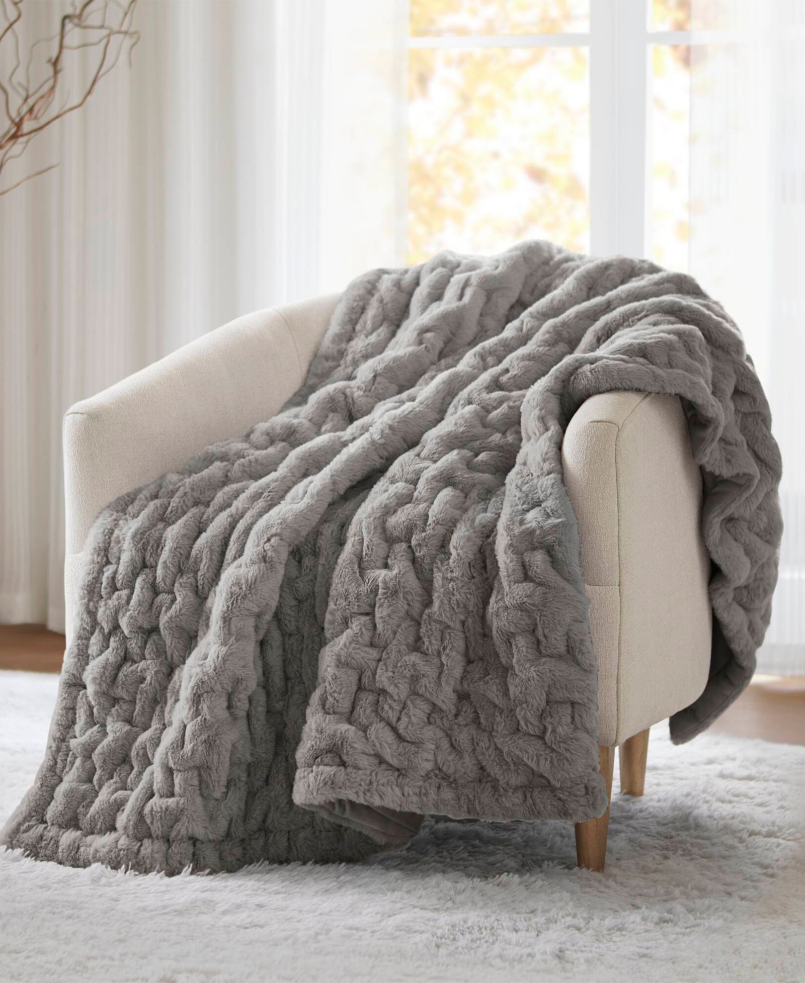 Madison Park Ruched Reversible Faux-Fur Throw, 50" x 60"