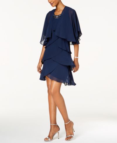 SL Fashions Embellished Tiered Chiffon Dress & Capelet