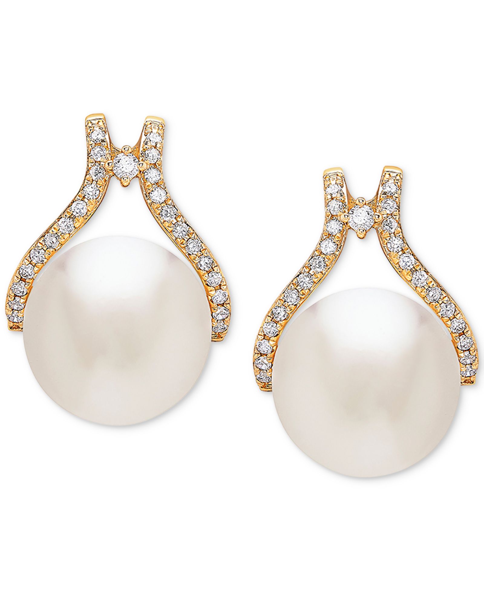 Honora Cultured White Ming Pearl (12mm) & Diamond (1/3 ct. t.w.) Stud Earrings in 14k Gold