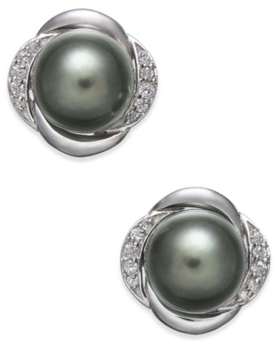 Серьги-гвоздики с культивированным таитянским жемчугом (8mm) и бриллиантом (1/8 ct. t.w.) в белом золоте 14k