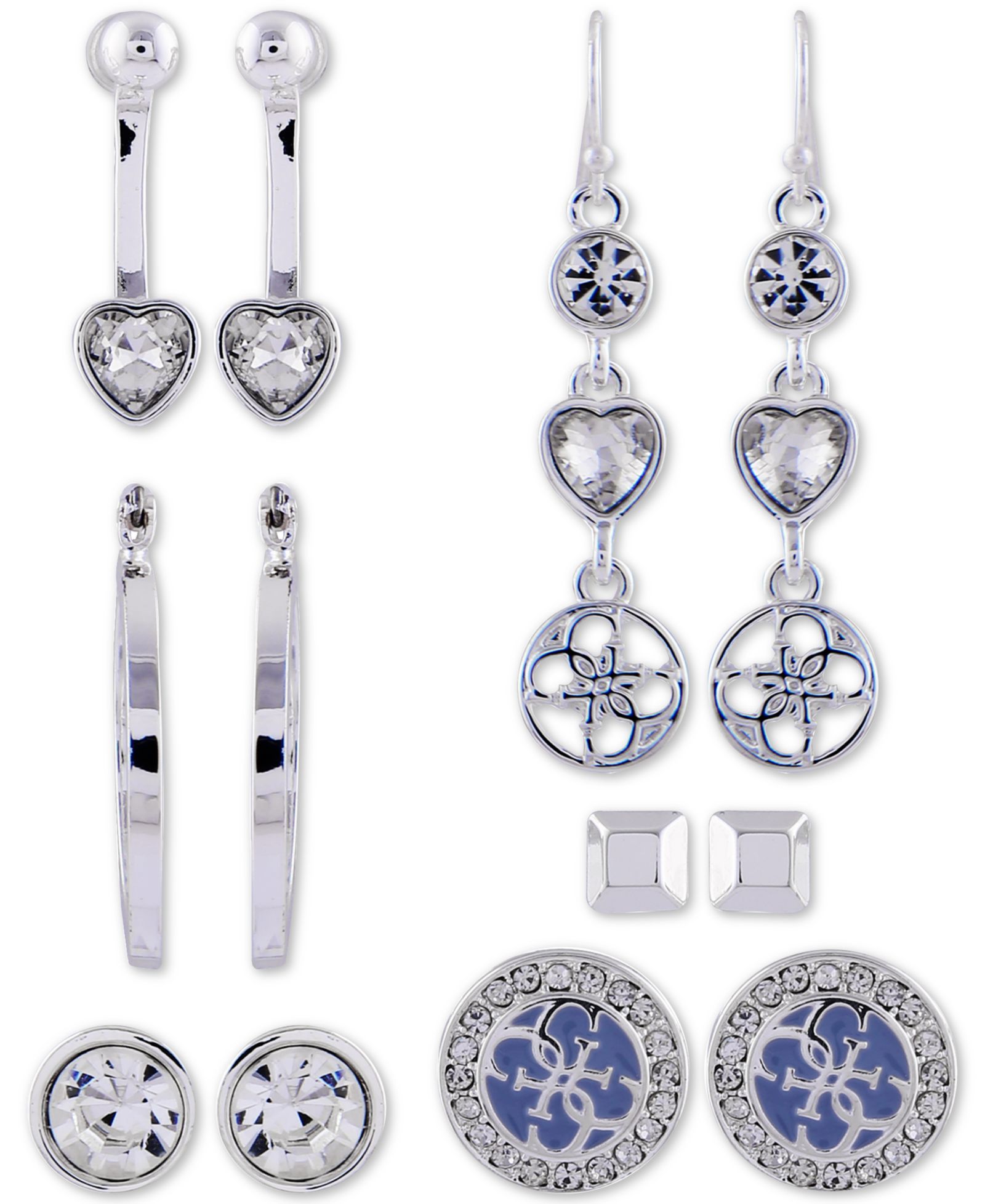 GUESS Silver-Tone 6-Pc. Set Crystal Earrings
