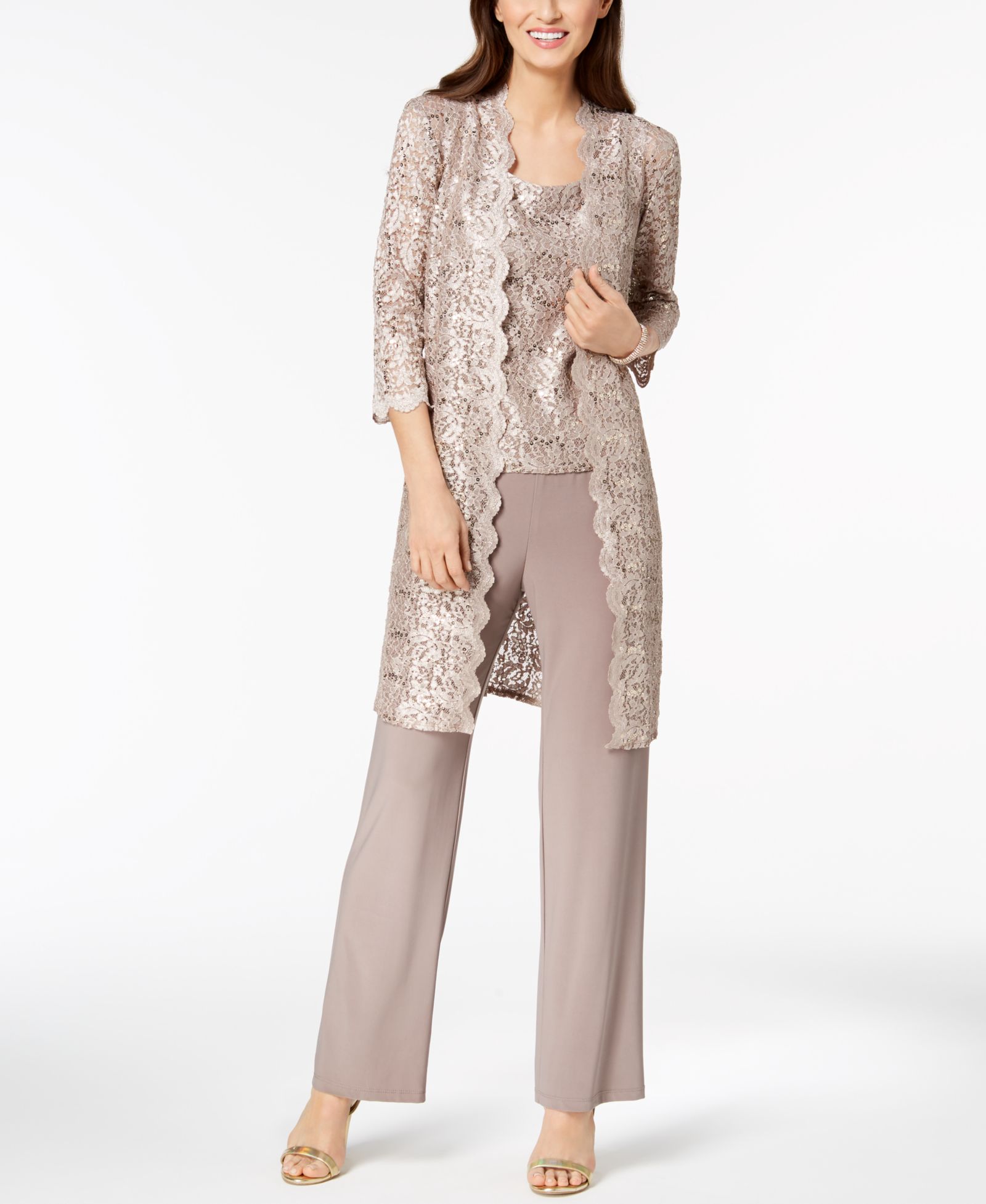 R & M Richards 3-Pc. Sequined Lace Pantsuit & Jacket