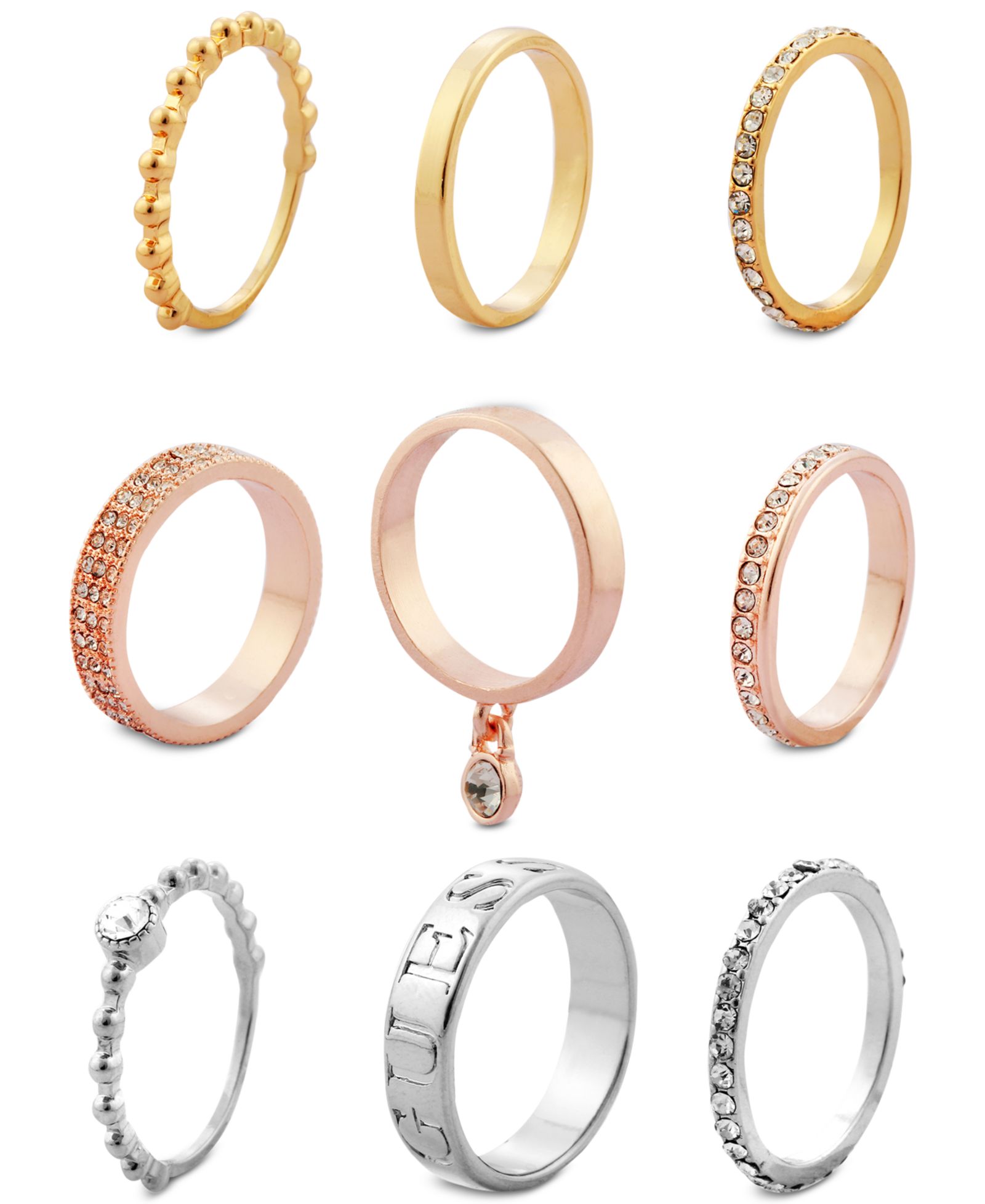 GUESS Tri-Tone 9-Pc. Set Crystal Stacker Rings
