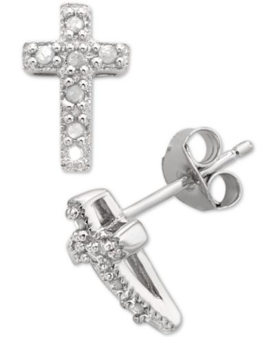 Серьги-гвоздики Diamond Cross Stud Earrings (1/10 ct. t.w.) в серебре Sterling Silver