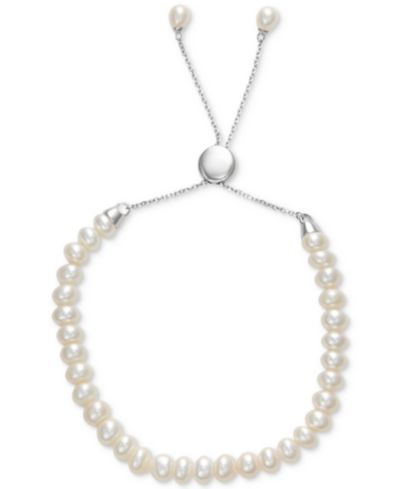 White Cultured Freshwater Pearl (6-1/2mm) Bolo Bracelet in Sterling Silver (Also in Gray or Pink Cultured Freshwater Pearl)