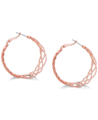 GUESS Rose Gold-Tone  1 1/2" Twisted Lattice Medium Hoop Earrings