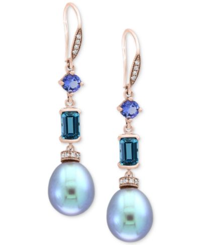 Серьги-подвески EFFY® Blue Cultured Freshwater Pearl (12 x 10mm), Multi-Gemstone (1-3/4 ct. t.w.) & Diamond (1/8 ct. t.w.) в 14k Rose Gold