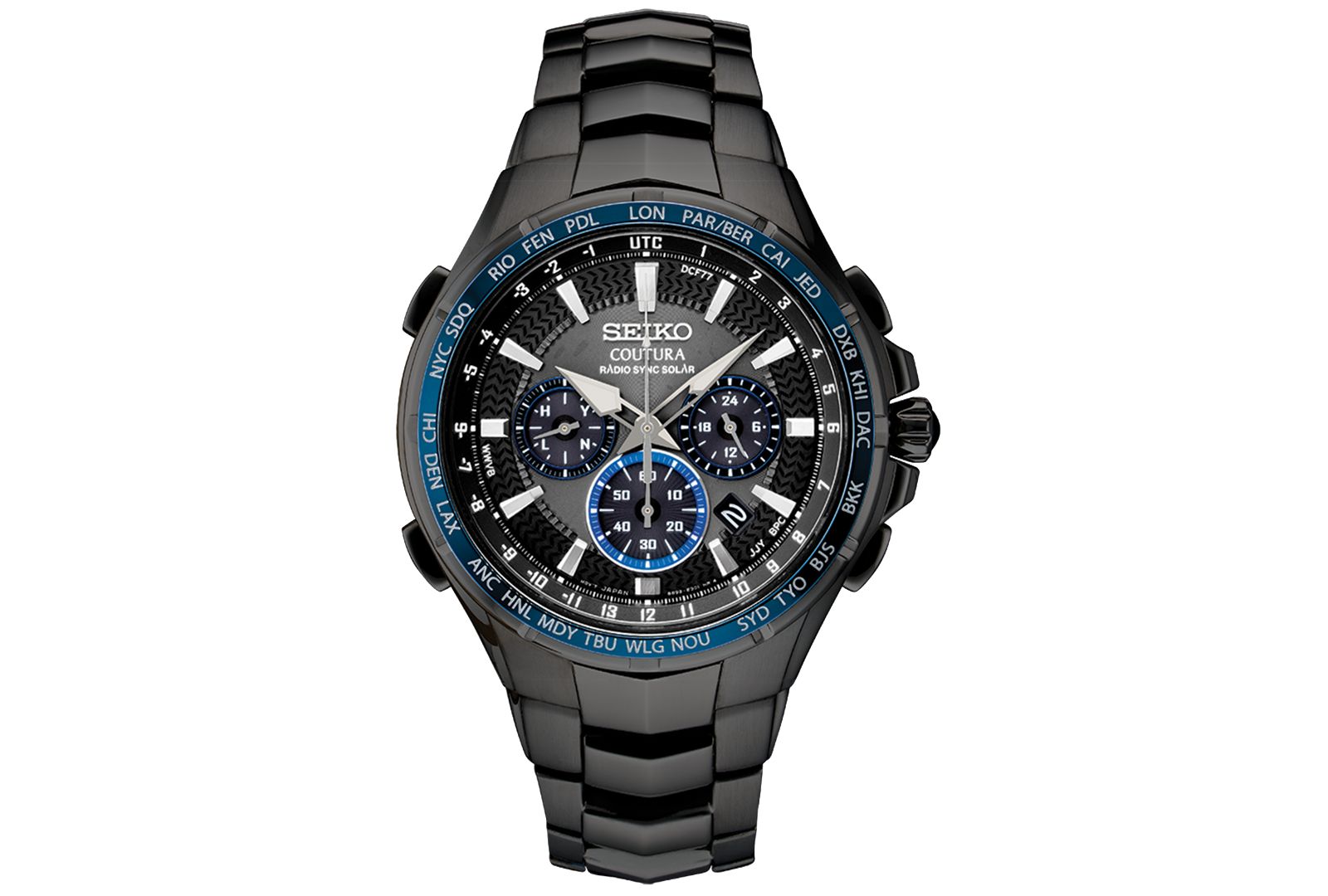 Seiko Men's Radio Sync Solar Chronograph Coutura Black Stainless Steel Bracelet Watch 44.5mm