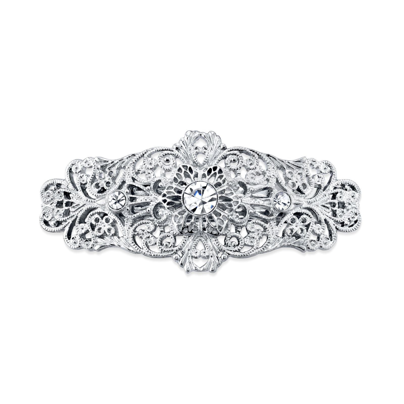 2028 Silver-Tone Crystal Filigree Bar Barrette