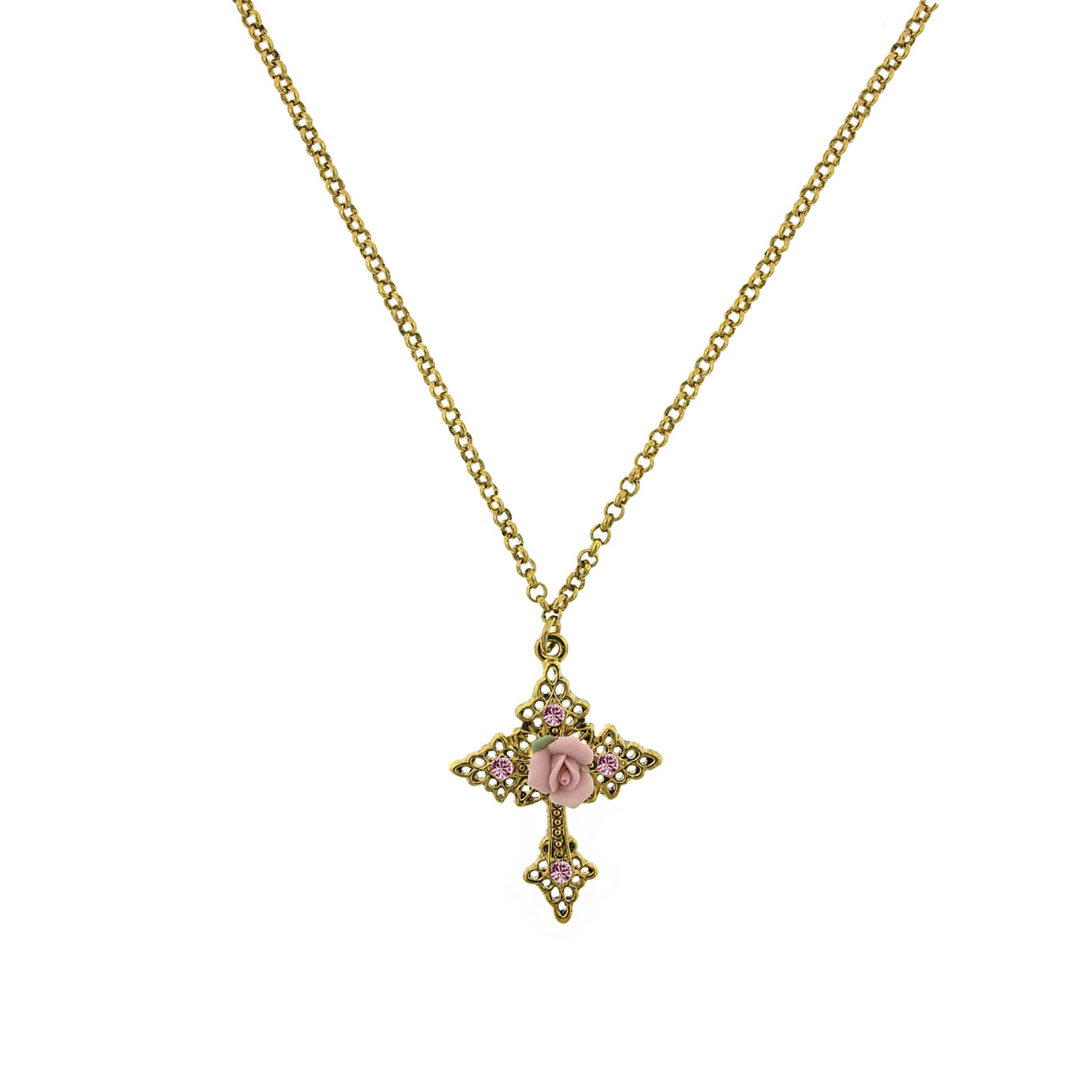 Ожерелье 2028 Gold-Tone Pink Crystal Cross и розовая фарфоровая роза