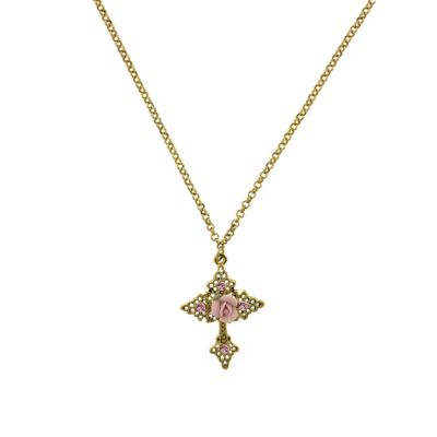 Ожерелье 2028 Gold-Tone Pink Crystal Cross и розовая фарфоровая роза