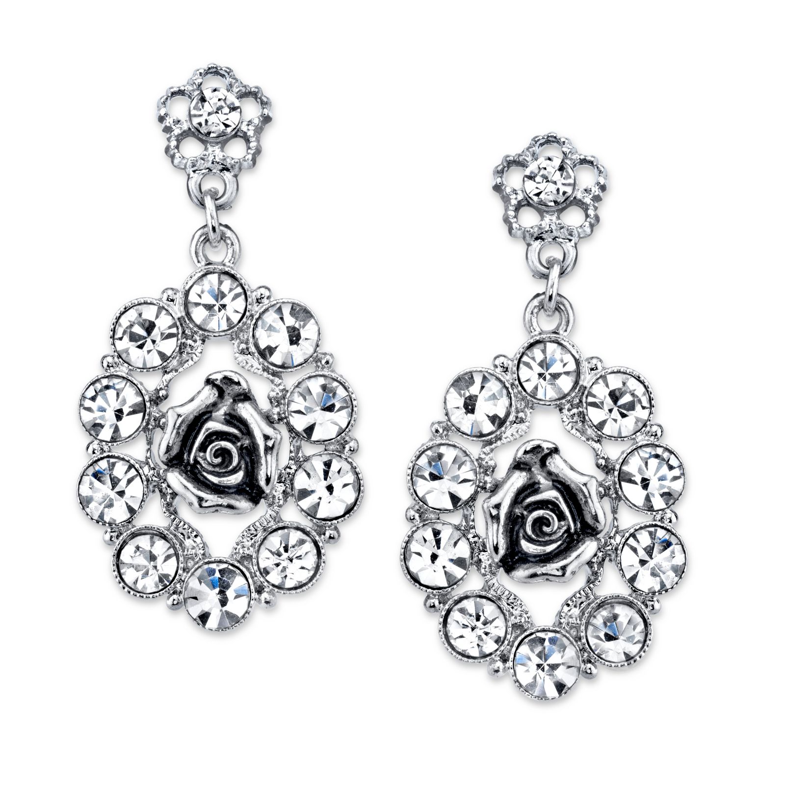 2028 Silver-Tone Crystal Oval Flower Drop Earrings