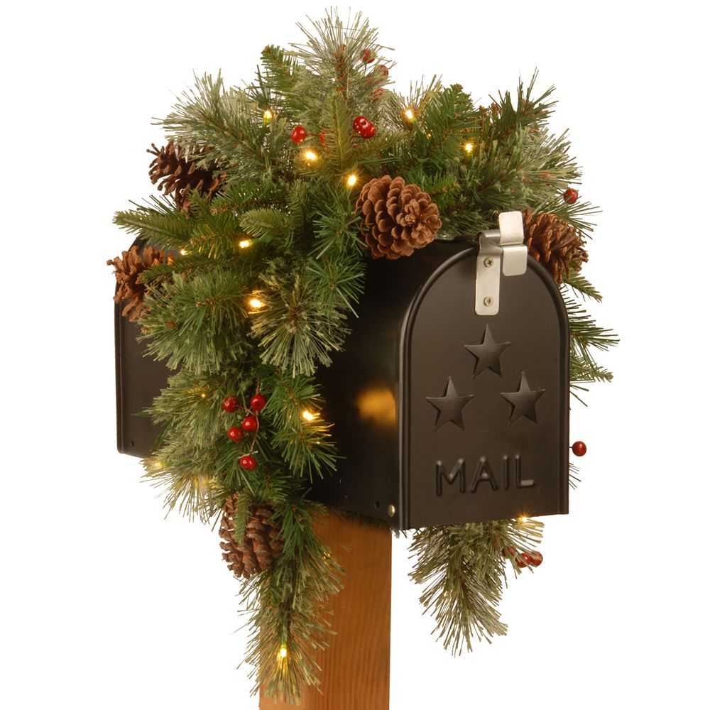 National Tree Company 36" Feel Real(R) Colonial Mail Box Swag with 8 Pine Cones, 8 Red Berries and 15 Warm White Battery Operated LED Lights w/Timer