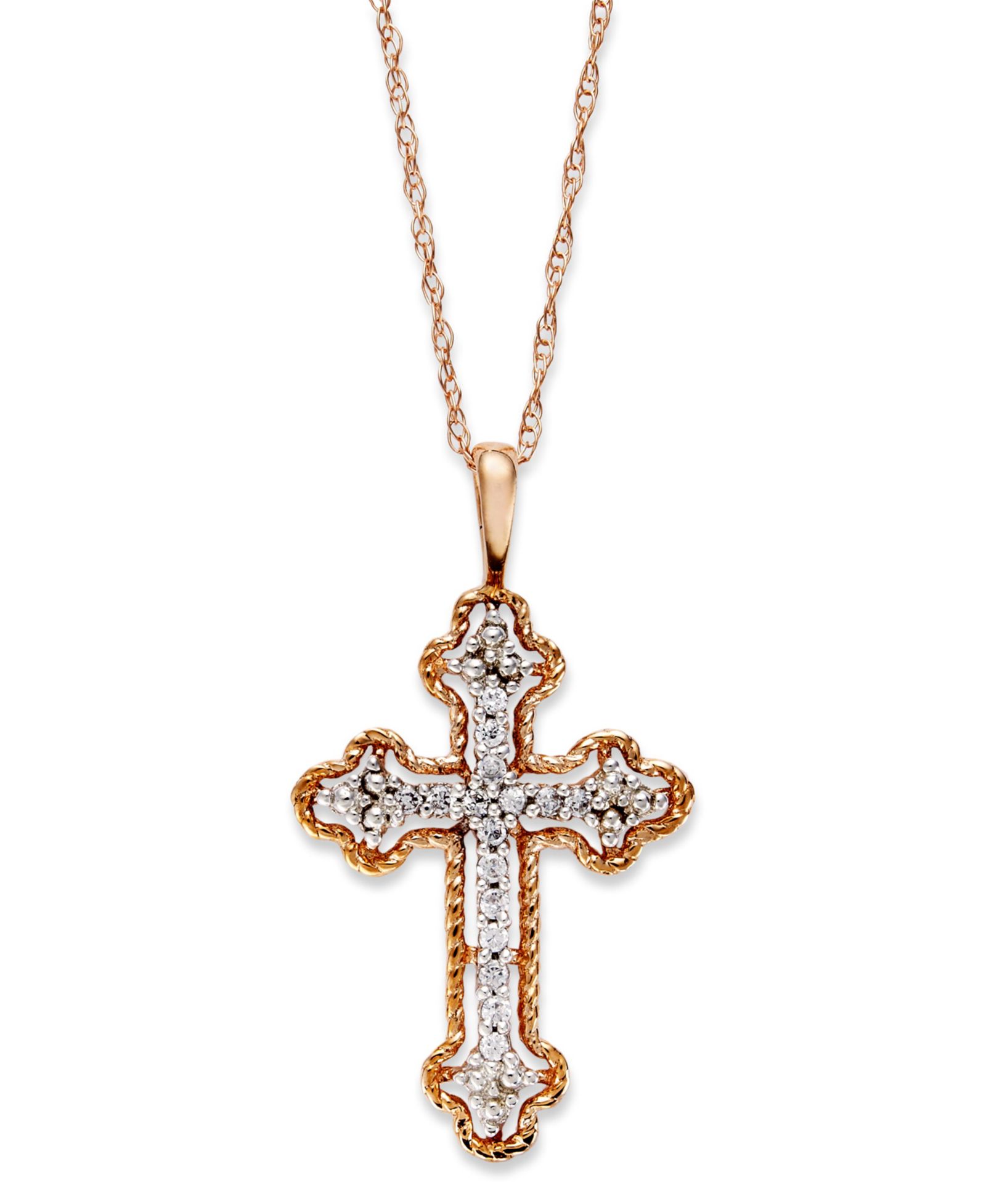 Diamond Antique Cross Pendant Necklace in 14k White, Yellow, or Rose Gold (1/10 ct. t.w)