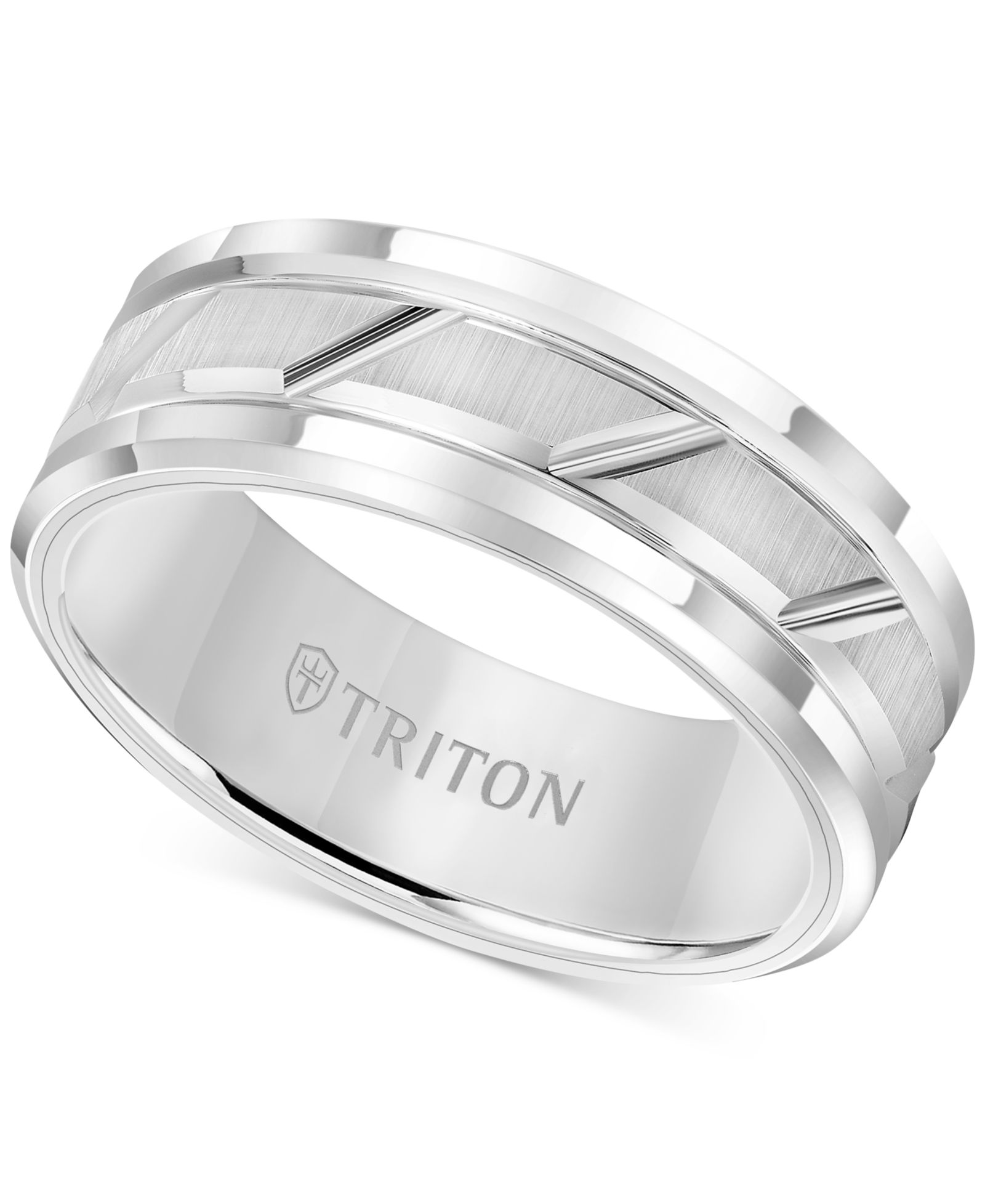 Triton Men's White Tungsten Carbide Ring, 8mm Diamond-Cut Wedding Band
