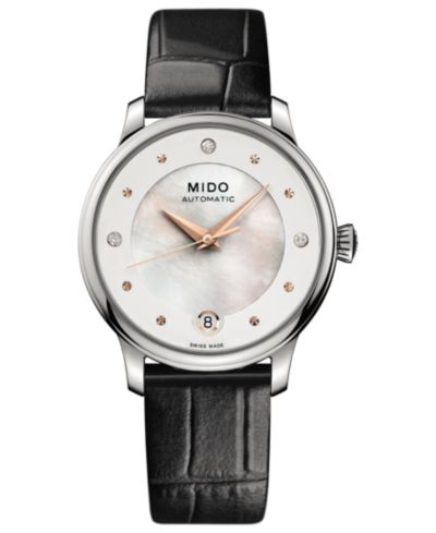 Женские часы Mido Swiss Automatic Baroncelli II с бриллиантовым акцентом и черным ремешком из синтетической кожи 27.9mm