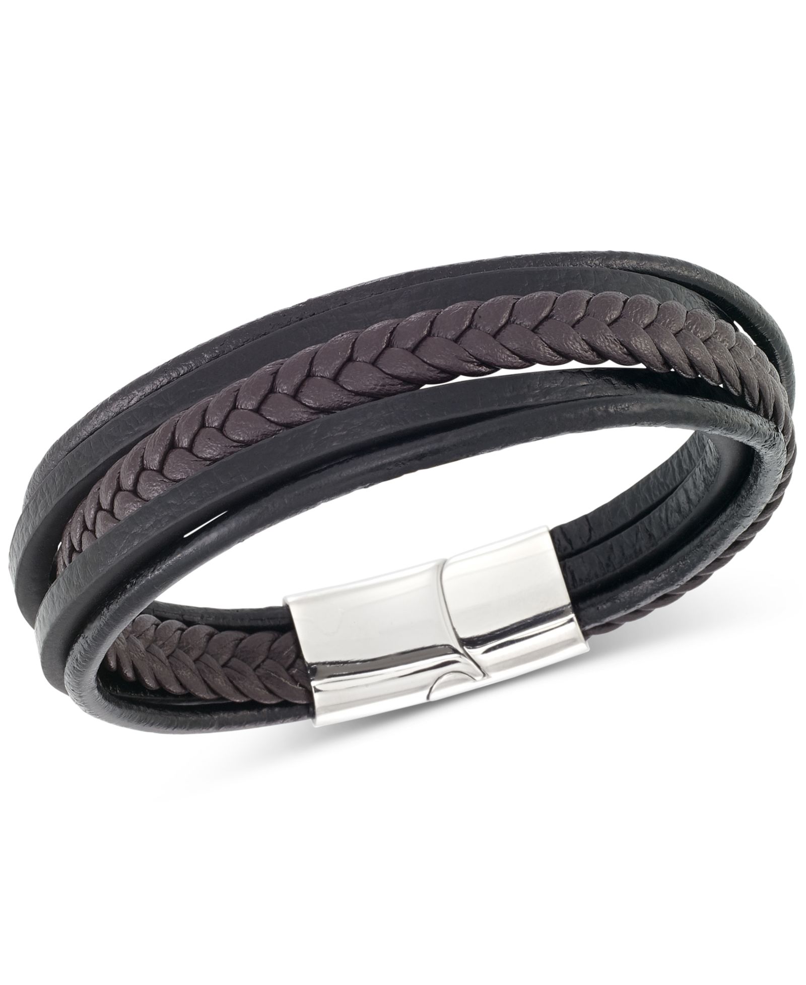 LEGACY for MEN by Simone I. Smith Men's Black & Brown Multi-Row Leather Bracelet in Stainless Steel