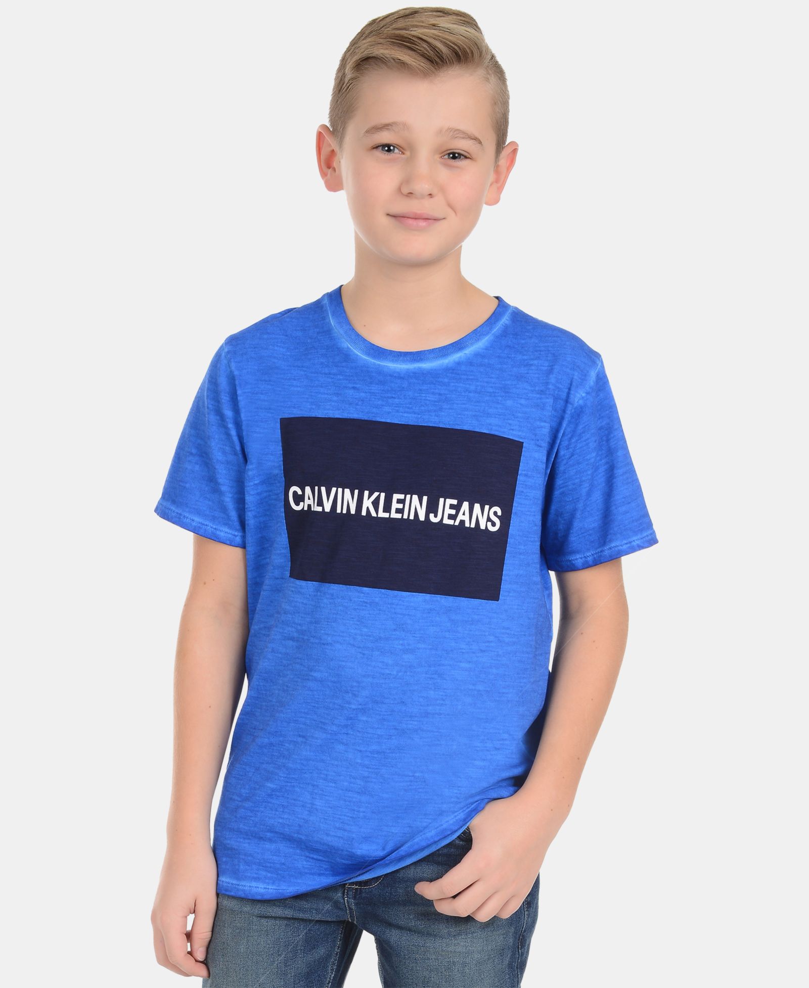 Calvin Klein Boys' 8-20 Washed Institution Cotton Logo T-Shirt