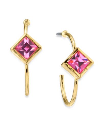 2028 14K Gold-tone Diamond Shape Crystal Open Hoop Stainless Steel Post Small Earrings