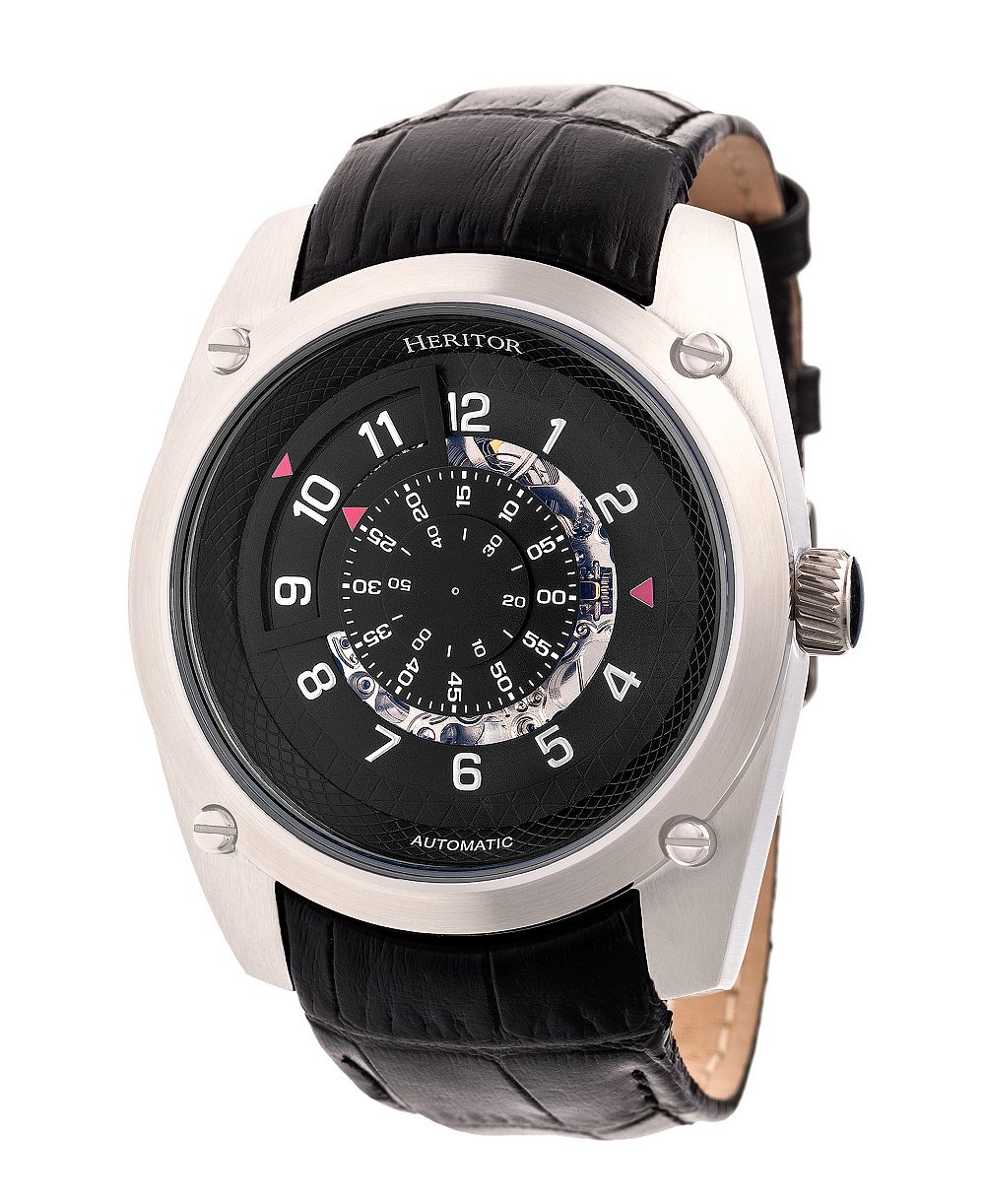 Автоматические кожаные часы Heritor Automatic Daniels Silver & Black Leather Watches 43mm