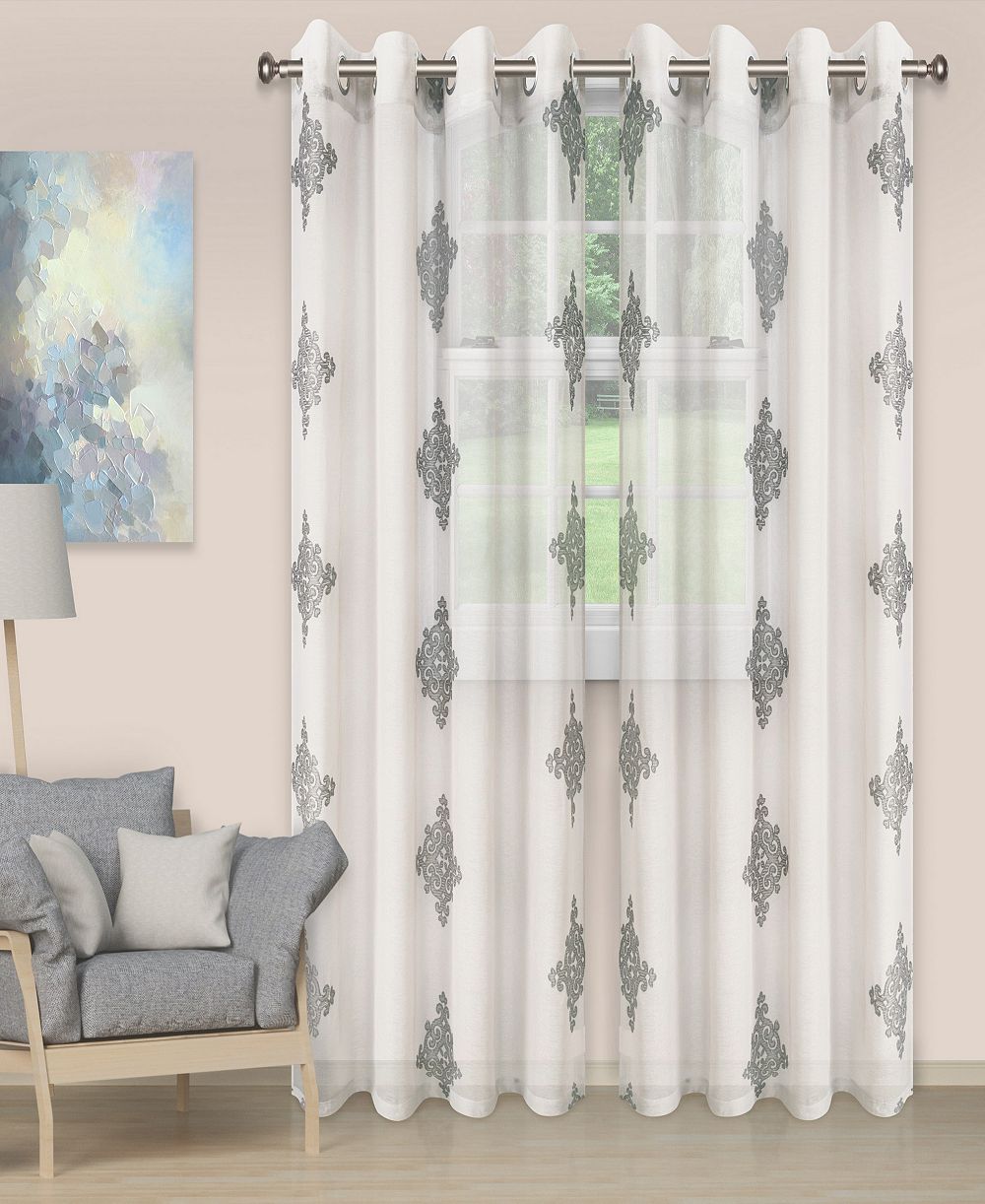 Superior Damask Embroidered Sheer Grommet 2-Panel Curtain Set, 52"x84"
