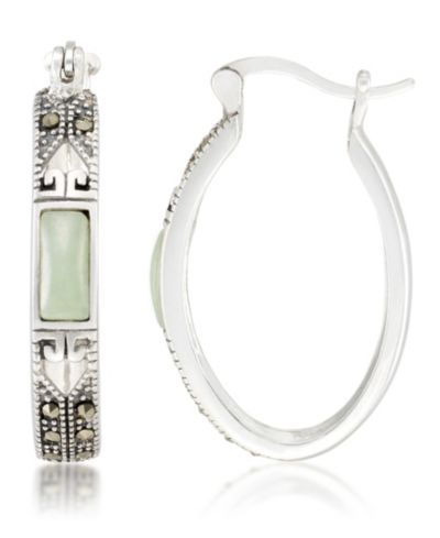 Серьги-кольца Jade (7.5 x 5.3mm) & Marcasite Oval в стерлинговом серебре