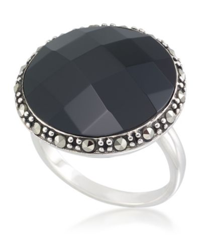 Кольцо с ониксом Faceted Onyx (18 x 5mm) и марказитом в серебряном покрытии
