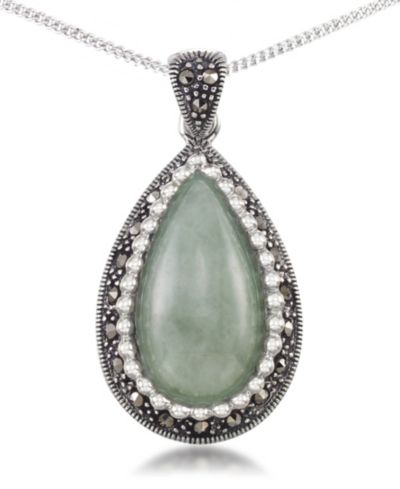 Jade (19 x 10mm) & Marcasite Teardrop Pendant on 18" Chain in Sterling Silver