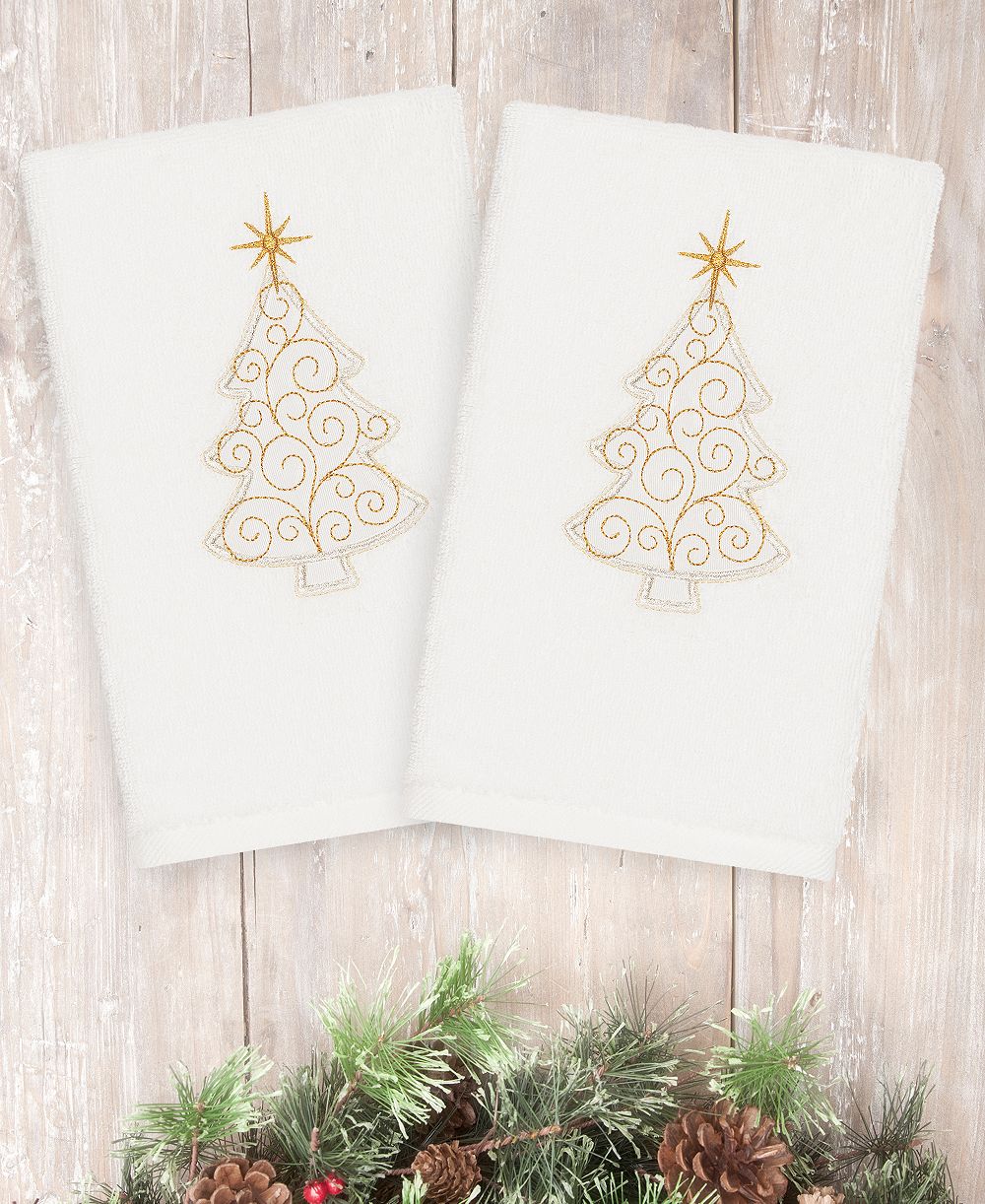 Linum Home Christmas Tree Scroll 100% Turkish Cotton 2-Pc. Hand Towel Set