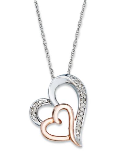 Diamond Double Heart Pendant Necklace in Sterling Silver and 14k Rose Gold  (1/10 ct. t.w.)