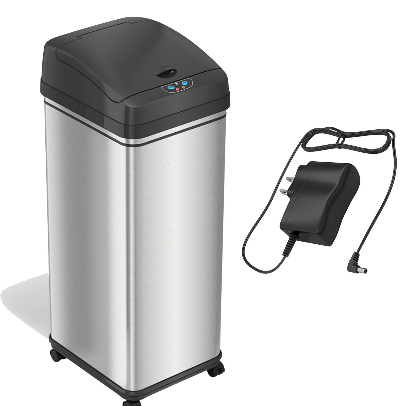 iTouchless 50 Liter / 13 Gallon / Stainless Steel Sensor Kitchen Trash Can with Wheels, AC Adapter, and AbsorbX Odor Filter