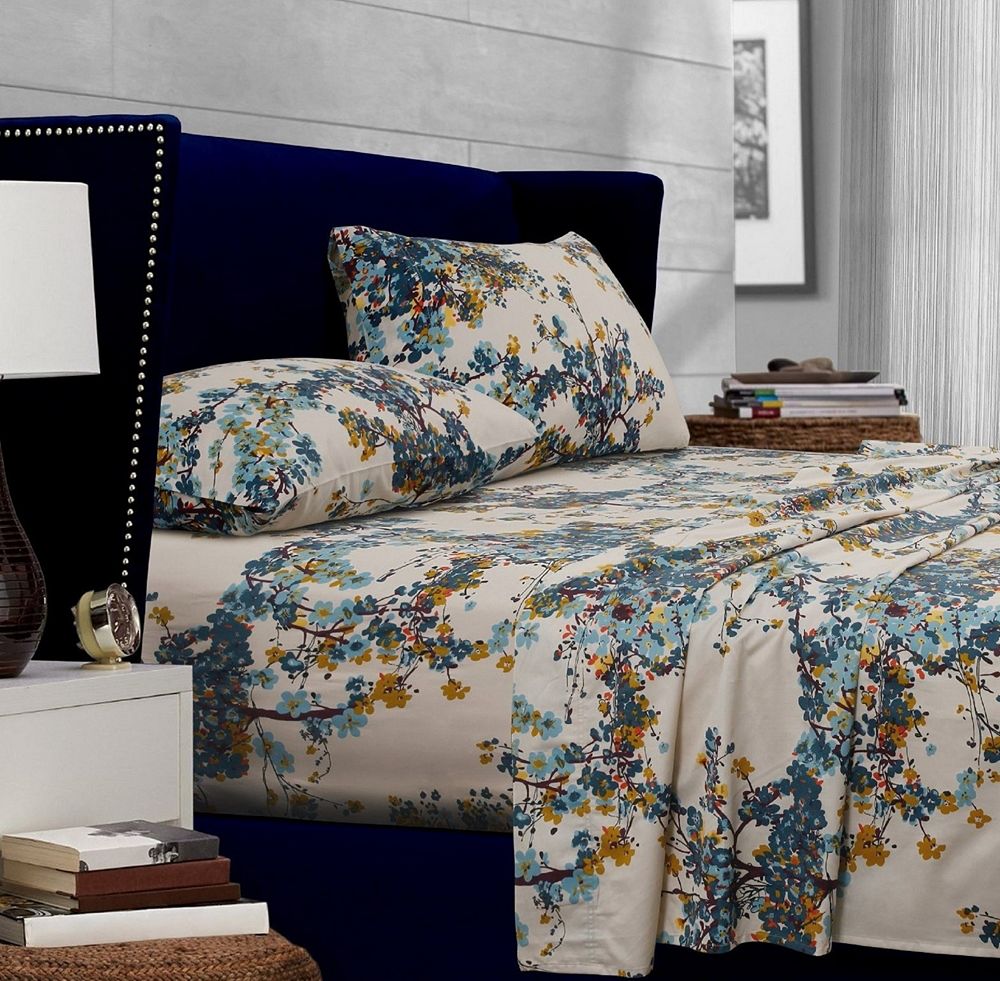 Tribeca Living Casablanca 300 Thread Count Floral Printed Extra Deep Pocket Sheet Set, King