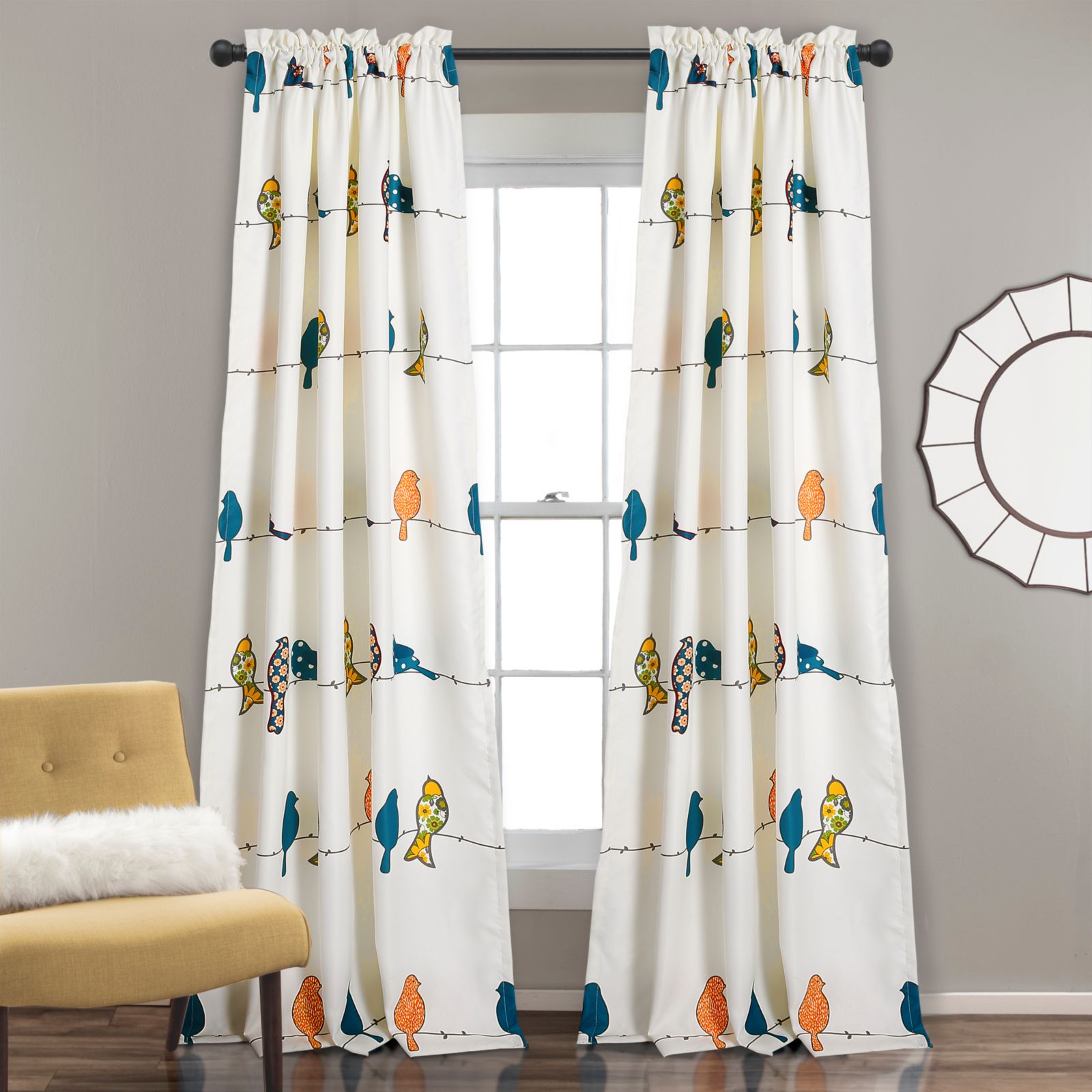 Lush Decor Rowley Birds Light Filtering Window Curtain Panels, Pair, 52" W x 84" L