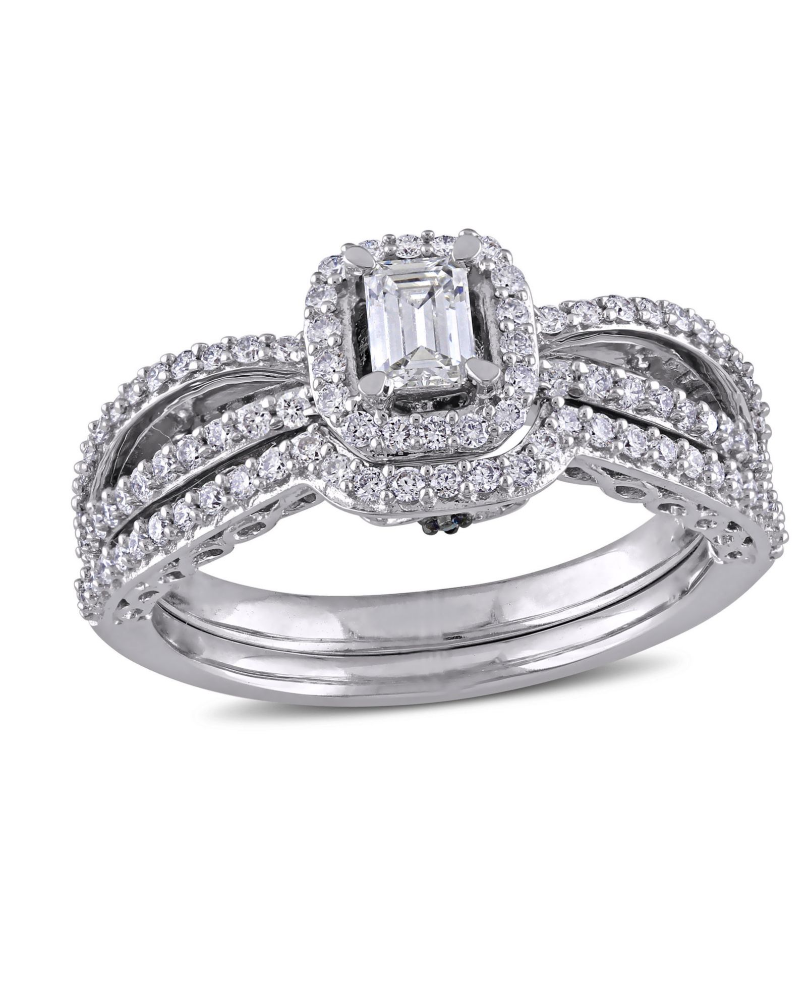 Помолвочный набор Certified Diamond Emerald-Shape Halo Split Shank в 14k White Gold